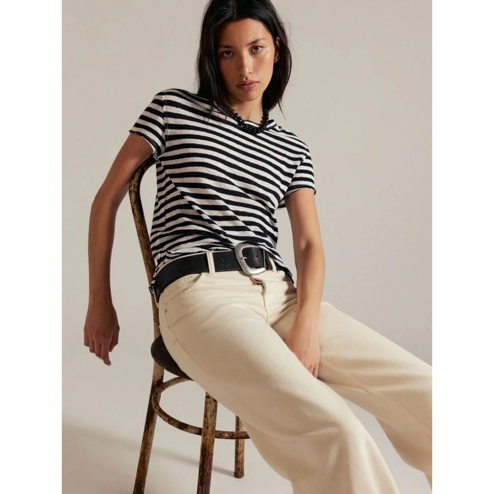 We The Free Free people Striped Nora Linen Tee size Medium Boho Relaxed Coastal